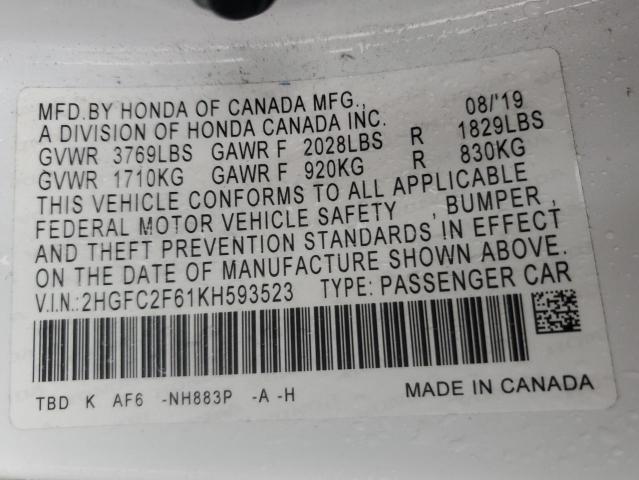 2HGFC2F61KH593523 | 2019 HONDA CIVIC LX