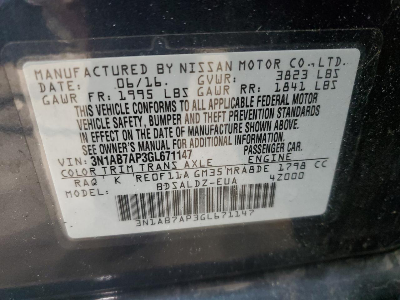 Lot #3050316894 2016 NISSAN SENTRA S