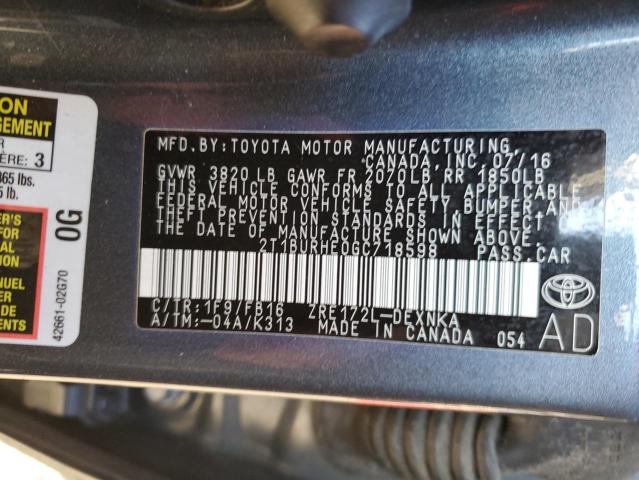 2016 TOYOTA COROLLA LE 2T1BURHE0GC718598
