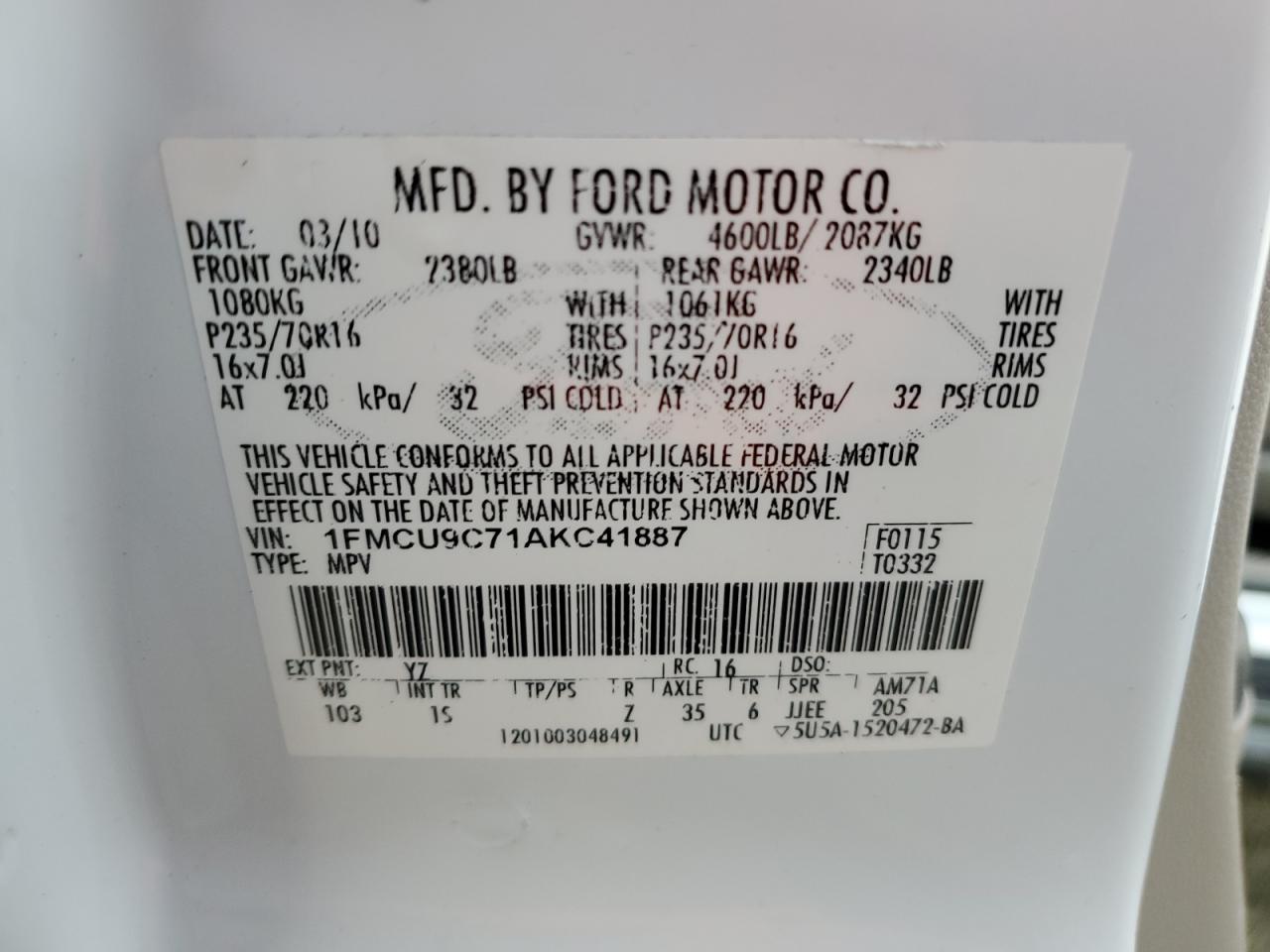Lot #3126682771 2010 FORD ESCAPE XLS