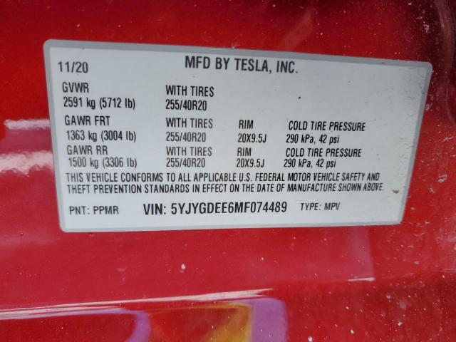 2021 TESLA MODEL Y - 5YJYGDEE6MF074489