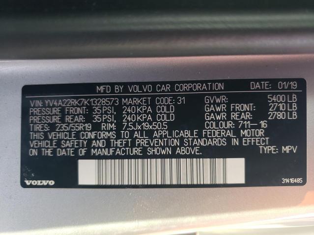 2019 VOLVO XC60 T6 YV4A22RK7K1328573