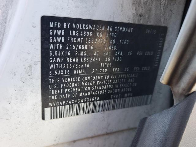 2016 VOLKSWAGEN TIGUAN S WVGAV7AX4GW532669