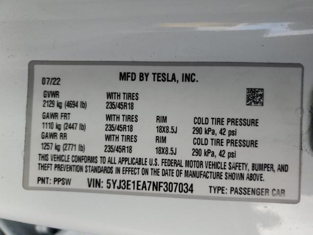 2022 TESLA MODEL 3 - 5YJ3E1EA7NF307034