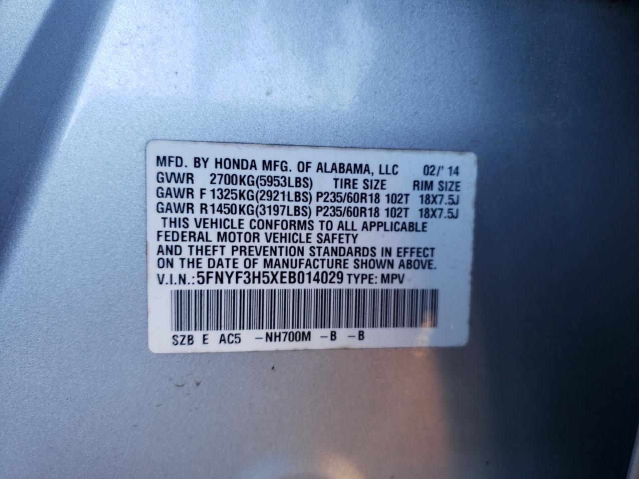 Lot #3304593438 2014 HONDA PILOT EXL