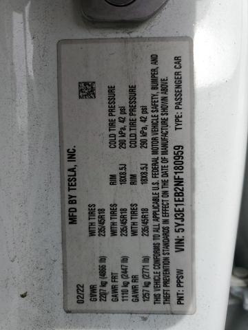 2022 TESLA MODEL 3 - 5YJ3E1EB2NF180959