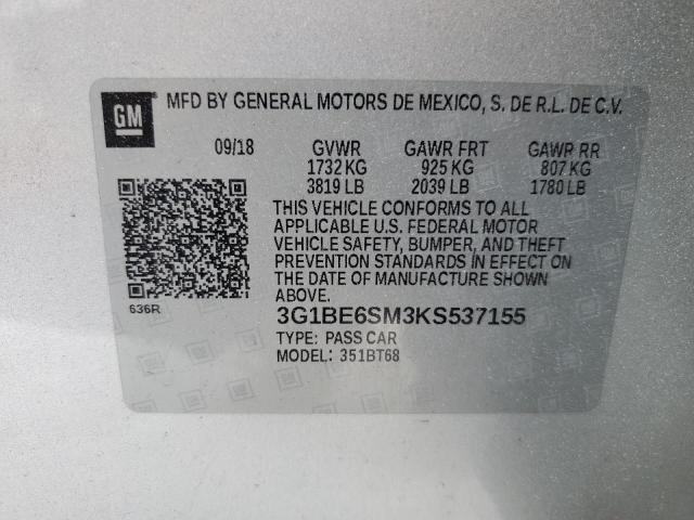 2019 CHEVROLET CRUZE LT - 3G1BE6SM3KS537155