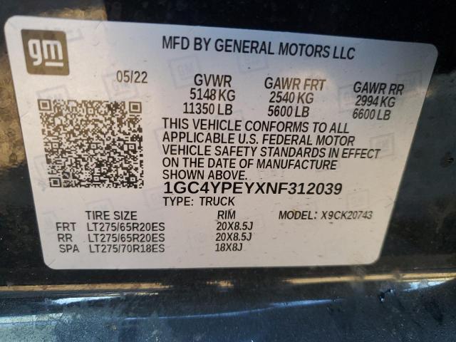 2022 CHEVROLET SILVERADO - 1GC4YPEYXNF312039