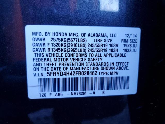 2015 ACURA MDX TECHNO 5FRYD4H42FB028462