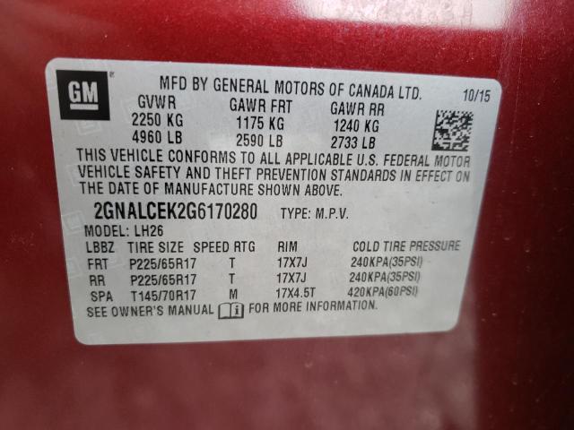 2016 CHEVROLET EQUINOX LT 2GNALCEK2G6170280