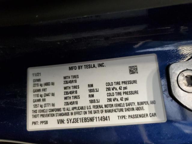 2022 TESLA MODEL 3 5YJ3E1EB5NF114941