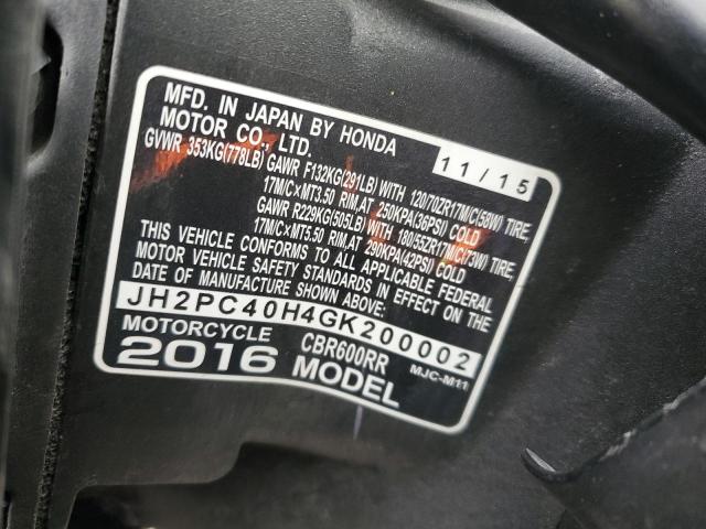 2016 HONDA CBR600 RR - JH2PC40H4GK200002