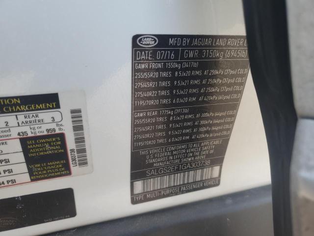 2016 LAND ROVER RANGE ROVE - SALGS2EF1GA303738