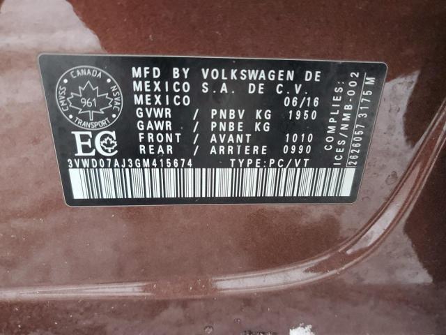 2016 VOLKSWAGEN JETTA COMF 3VWD07AJ3GM415674