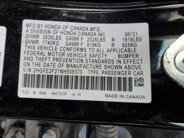 2022 HONDA CIVIC LX 2HGFE2F21NH508370