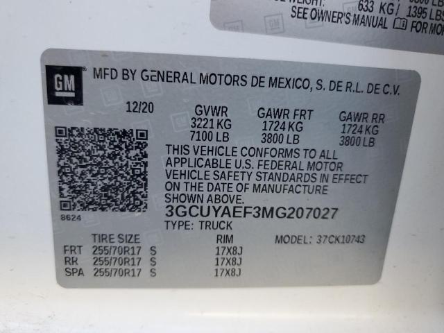 2021 CHEVROLET SILVERADO 3GCUYAEF3MG207027