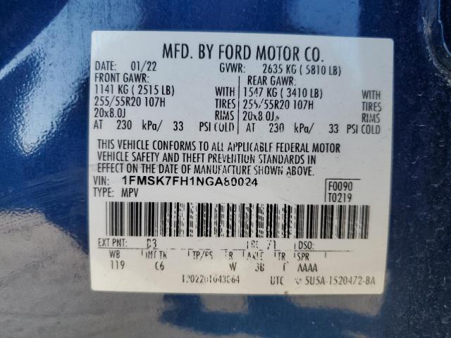 2022 FORD EXPLORER L - 1FMSK7FH1NGA80024