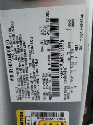 2019 FORD FUSION SEL - 3FA6P0MU6KR116976