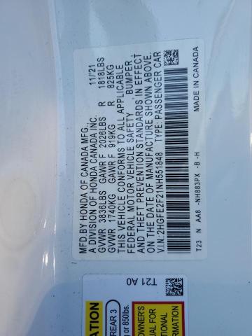 2022 HONDA CIVIC LX 2HGFE2F21NH551848