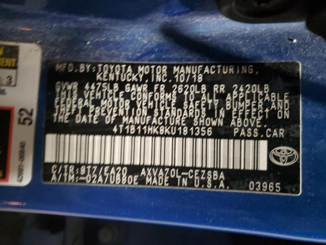 2019 TOYOTA CAMRY SE A 4T1B11HK8KU181356