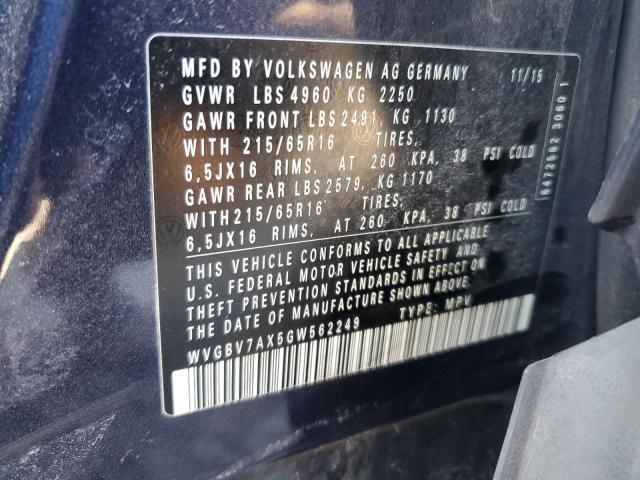 2016 VOLKSWAGEN TIGUAN S WVGBV7AX5GW562249