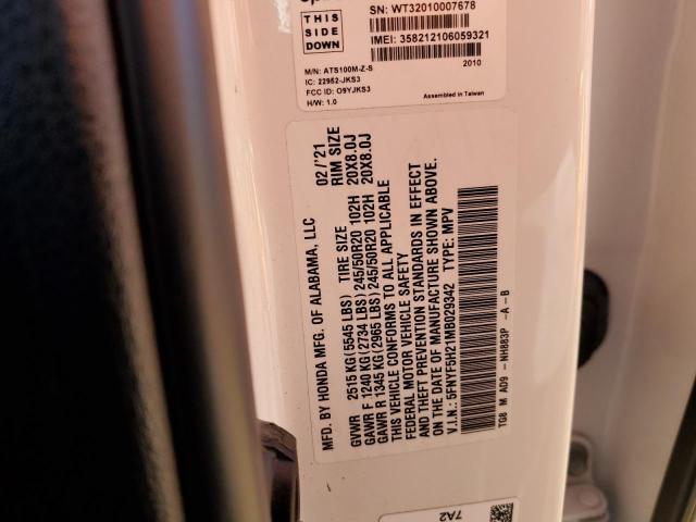 2021 HONDA PILOT SE 5FNYF5H21MB029342