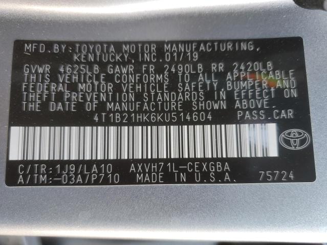 2019 TOYOTA CAMRY HYBR 4T1B21HK6KU514604