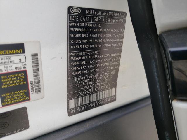 2016 LAND ROVER RANGE ROVE SALGS2EF9GA304359