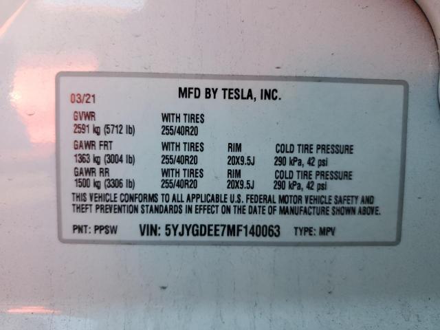 2021 TESLA MODEL Y 5YJYGDEE7MF140063