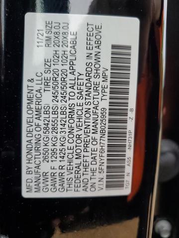 2022 HONDA PILOT BLAC 5FNYF6H77NB025959