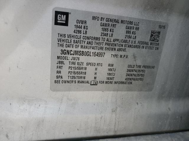 2016 CHEVROLET TRAX LTZ 3GNCJMSB0GL164997