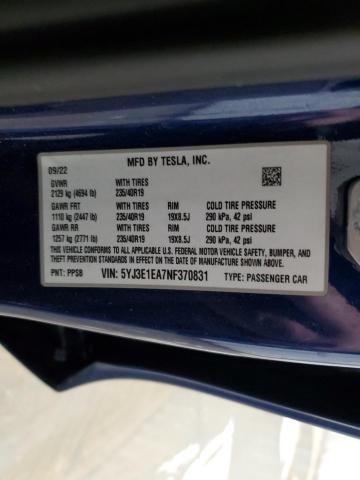 2022 TESLA MODEL 3 - 5YJ3E1EA7NF370831