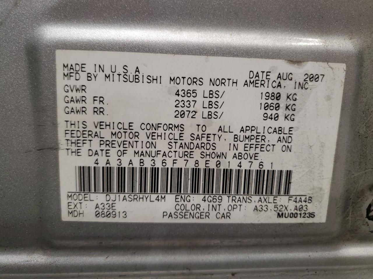 Lot #3055311376 2008 MITSUBISHI GALANT ES