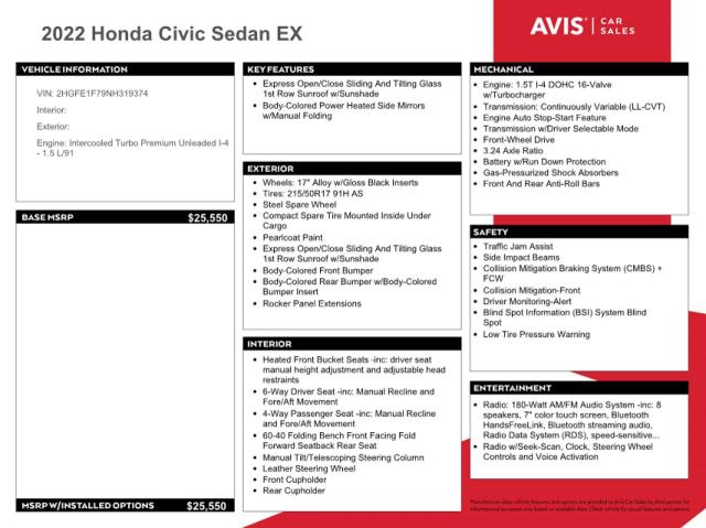 2022 HONDA CIVIC EX - 2HGFE1F79NH319374