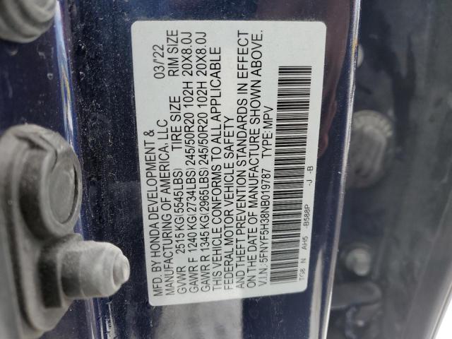 2022 HONDA PILOT SPOR - 5FNYF5H38NB019787