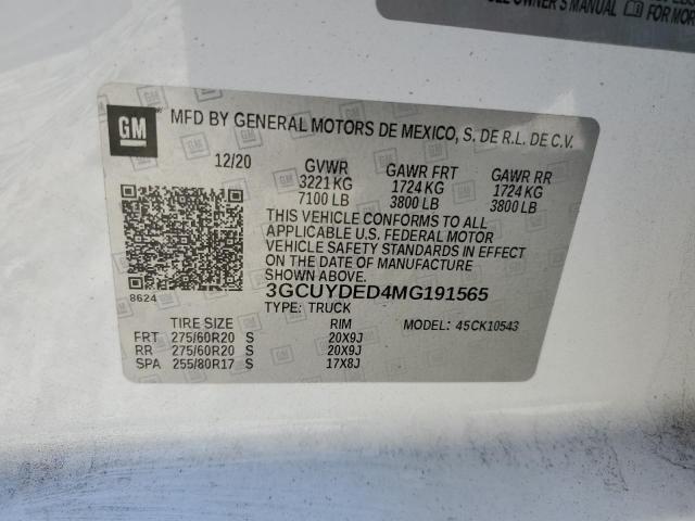 2021 CHEVROLET SILVERADO - 3GCUYDED4MG191565