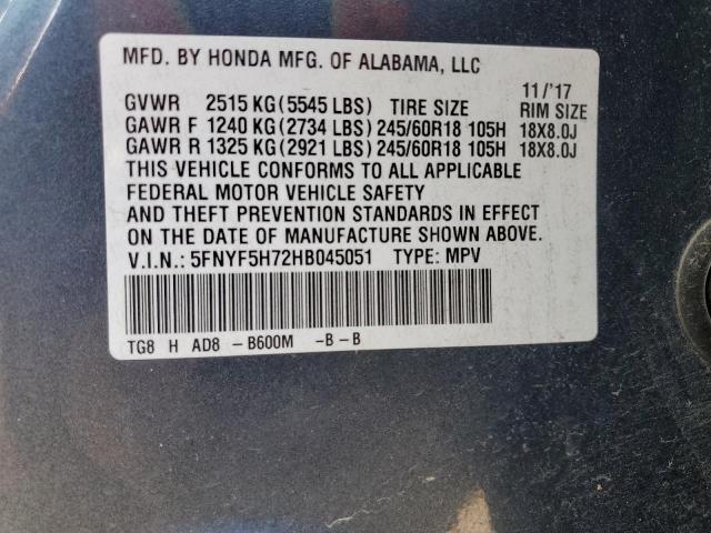 2017 HONDA PILOT EXLN 5FNYF5H72HB045051
