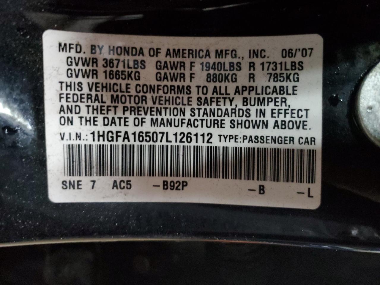 Lot #3045688681 2007 HONDA CIVIC LX