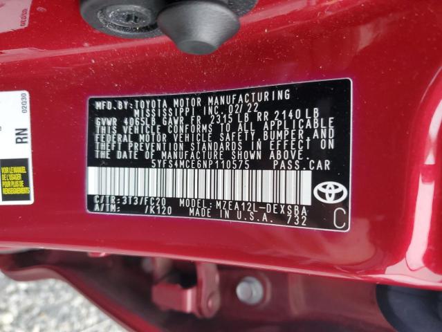 2022 TOYOTA COROLLA 5YFS4MCE6NP110575
