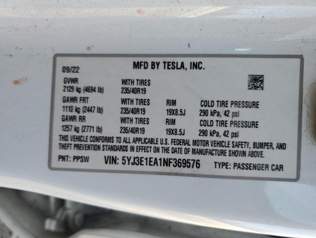 2022 TESLA MODEL 3 - 5YJ3E1EA1NF369576