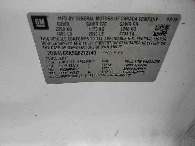 2016 CHEVROLET EQUINOX LT 2GNALCEK5G6272740