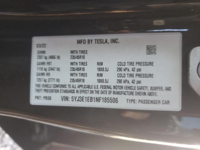 2022 TESLA MODEL 3 5YJ3E1EB1NF185506