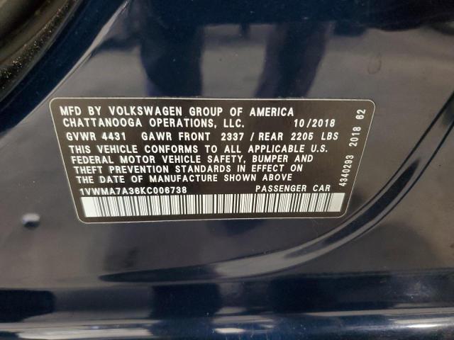 2019 VOLKSWAGEN PASSAT SE 1VWMA7A36KC006738