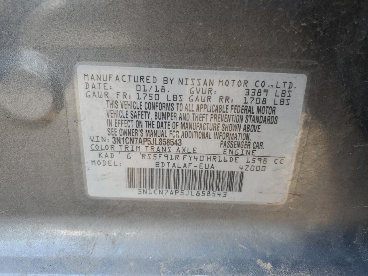 3N1CN7AP5JL858543 NISSAN VERSA 2018