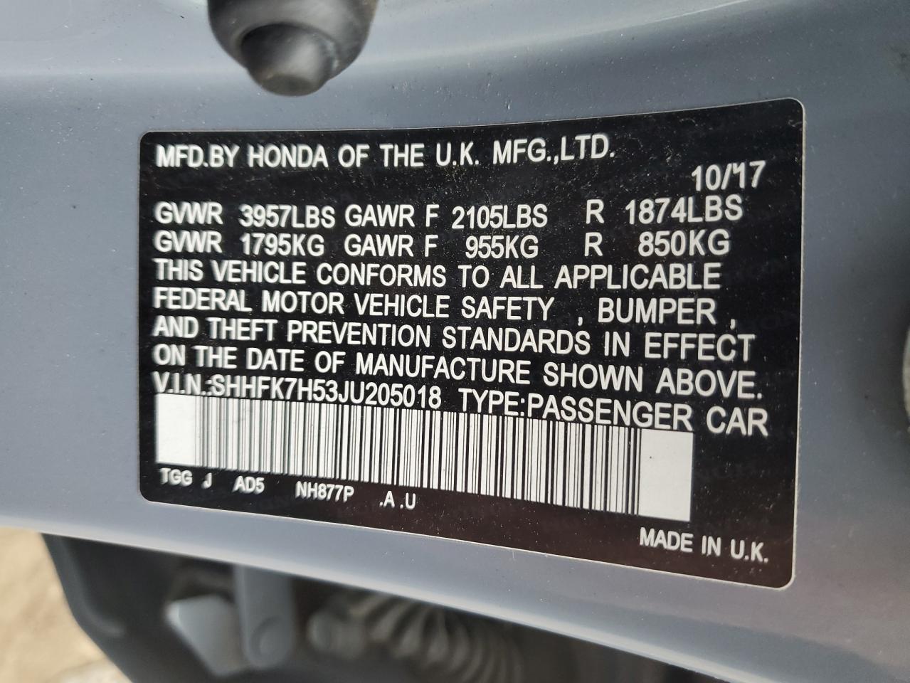 SHHFK7H53JU205018 HONDA CIVIC 2018