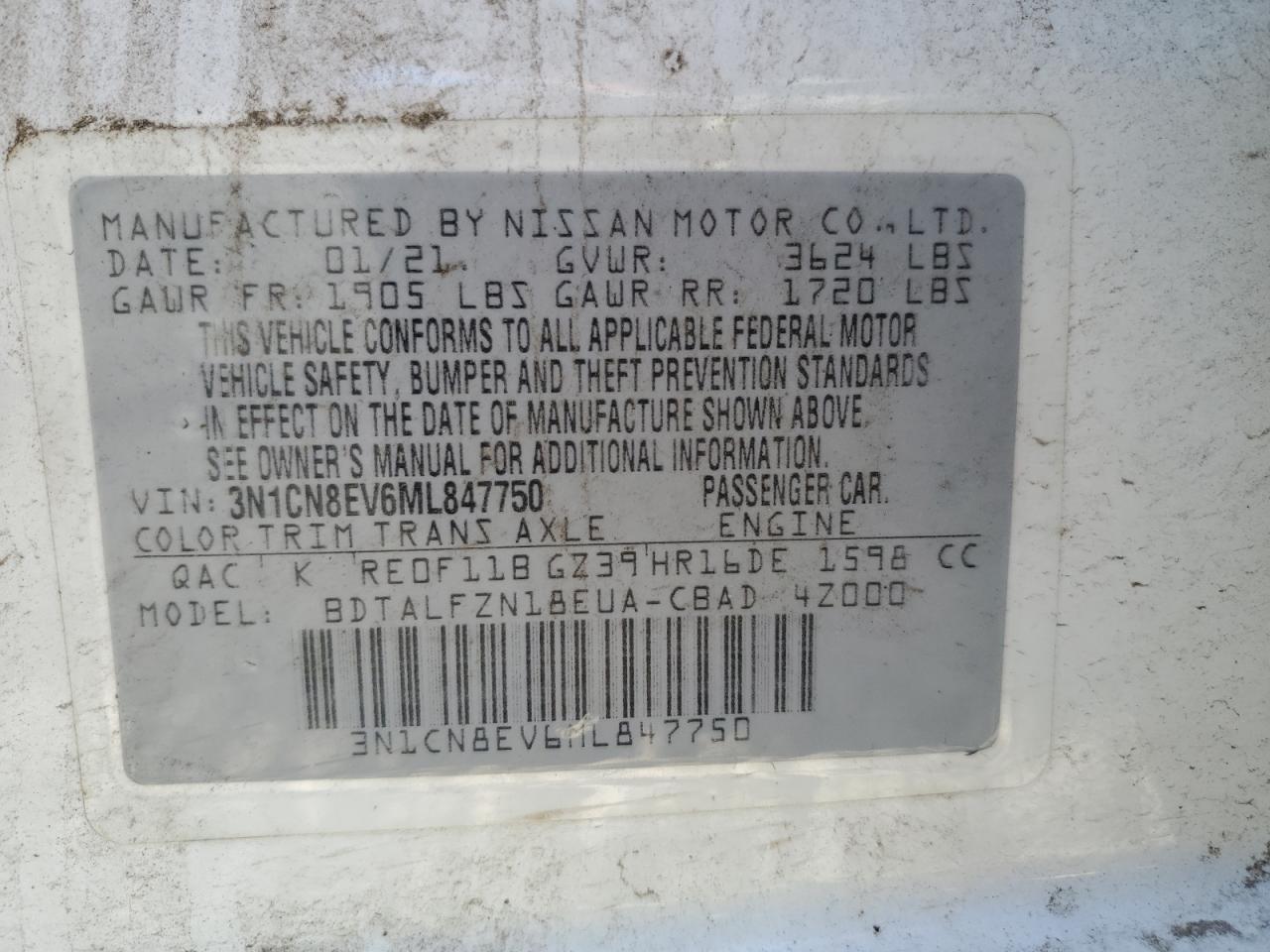 3N1CN8EV6ML847750 NISSAN VERSA 2021