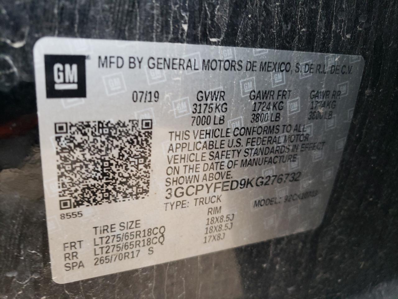 3GCPYFED9KG276732 CHEVROLET ALL Models 2019