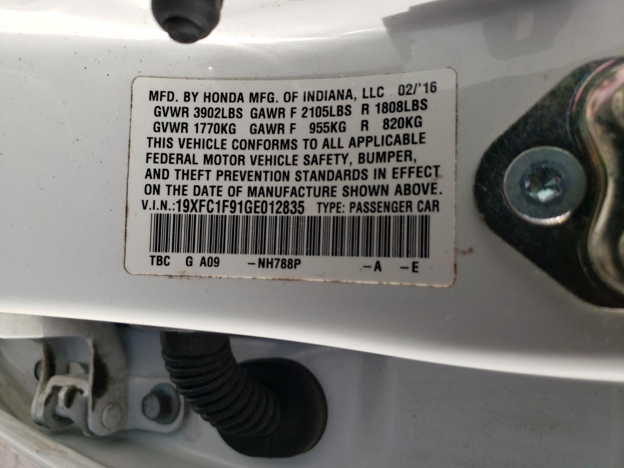 19XFC1F91GE012835 HONDA CIVIC 2016