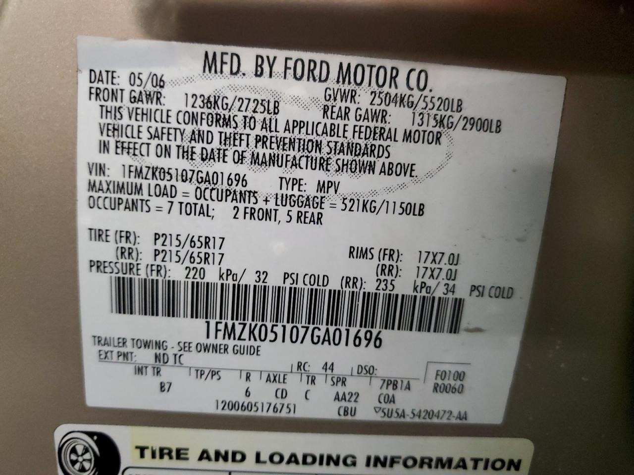 1FMZK05107GA01696 2007 Ford Freestyle Sel