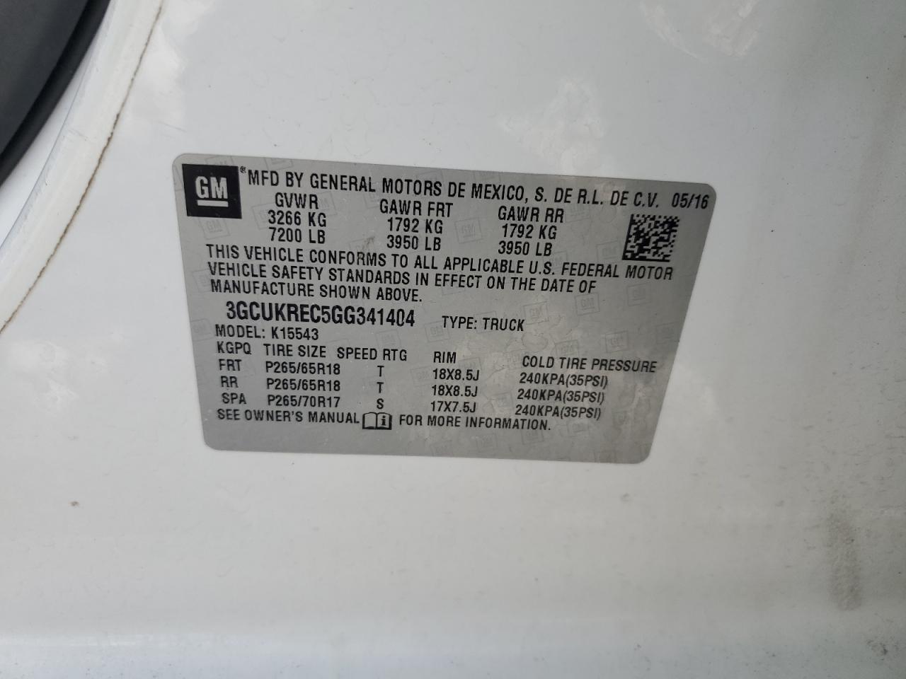 3GCUKREC5GG341404 CHEVROLET ALL Models 2016